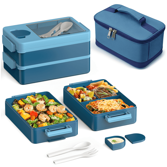Bento Box Adult Lunch Box – 2-Layer Stackable Lunch Container with Utensils & Insulated Bag, 67oz Large Capacity, Leakproof & Microwave Safe, BPA-Free Bento Lunch Box for Work, Gym, Outdoor (blue)
