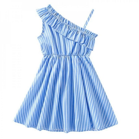 

Clearance Sale Summer Girls Princess Dress Sloping Shoulder Halter Stripes Frock Ruched Sleeveless Skirt Kid Children Girl Party Clothes
