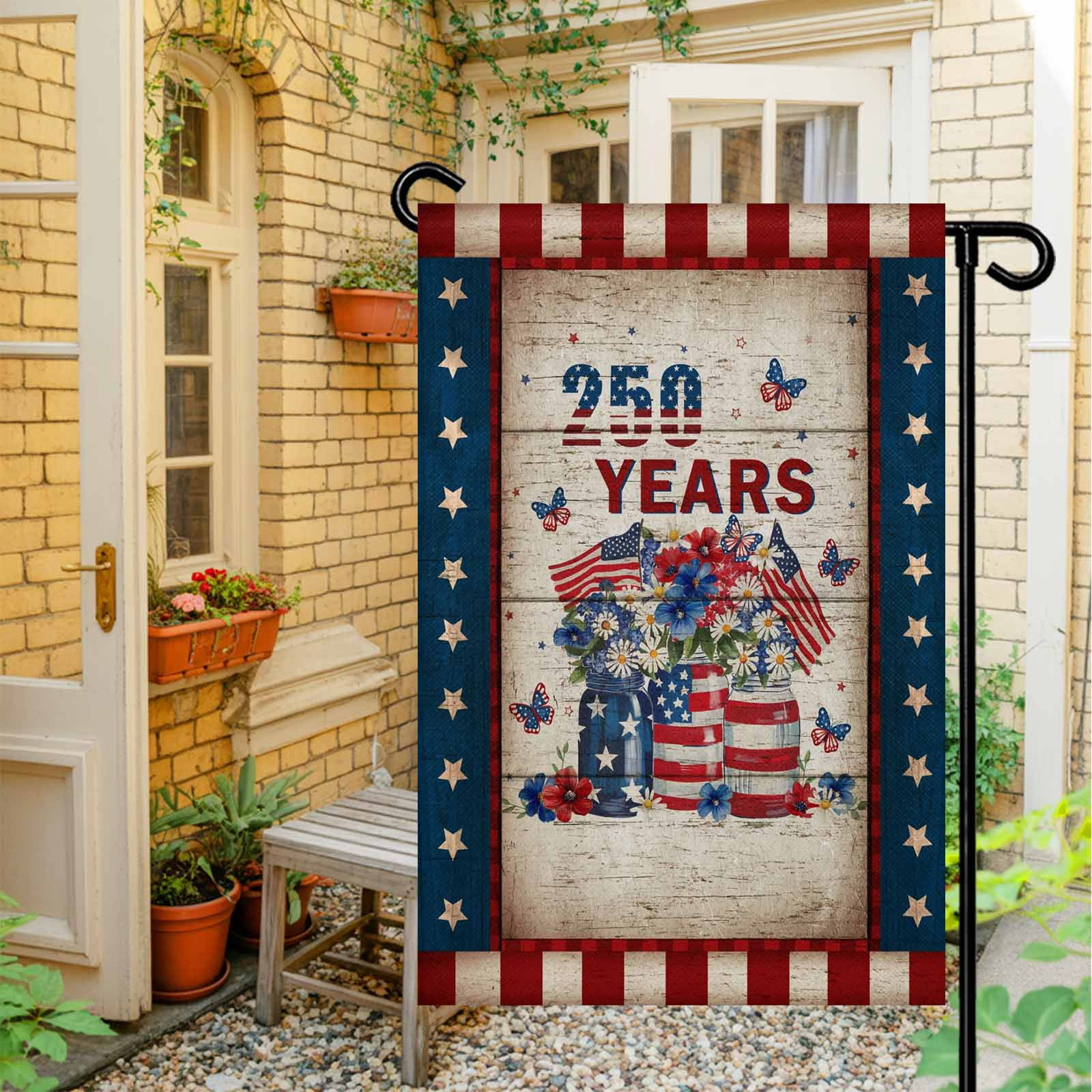 Patriotic 4th of July Garden Flag 28x40 Inch 250 Years Stars Stripe Flag Floral Wooden Double Sided Small Decorative Garden Flags for Outside, Outdoor Yard Porch Lawn Decoration