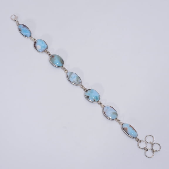 Exclusive Top Grade Qualite 100% Natural Larimar Oval Shape Ethnic Style Handmade Jewelry 925 Steling Silver Plated Bracelet 7-8" WSJ-5218