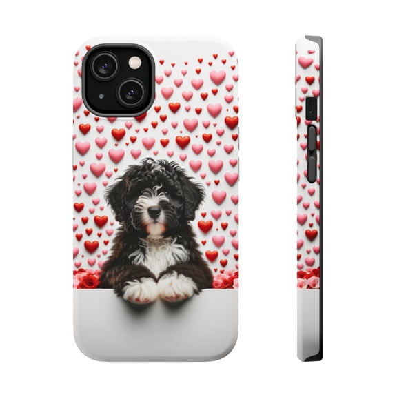 DistinctInk Tough Case for Apple iPhone 14 (6.1" Screen), Compatible with MagSafe Charging - Valentine's Day Portuguese Water Dog Puppy