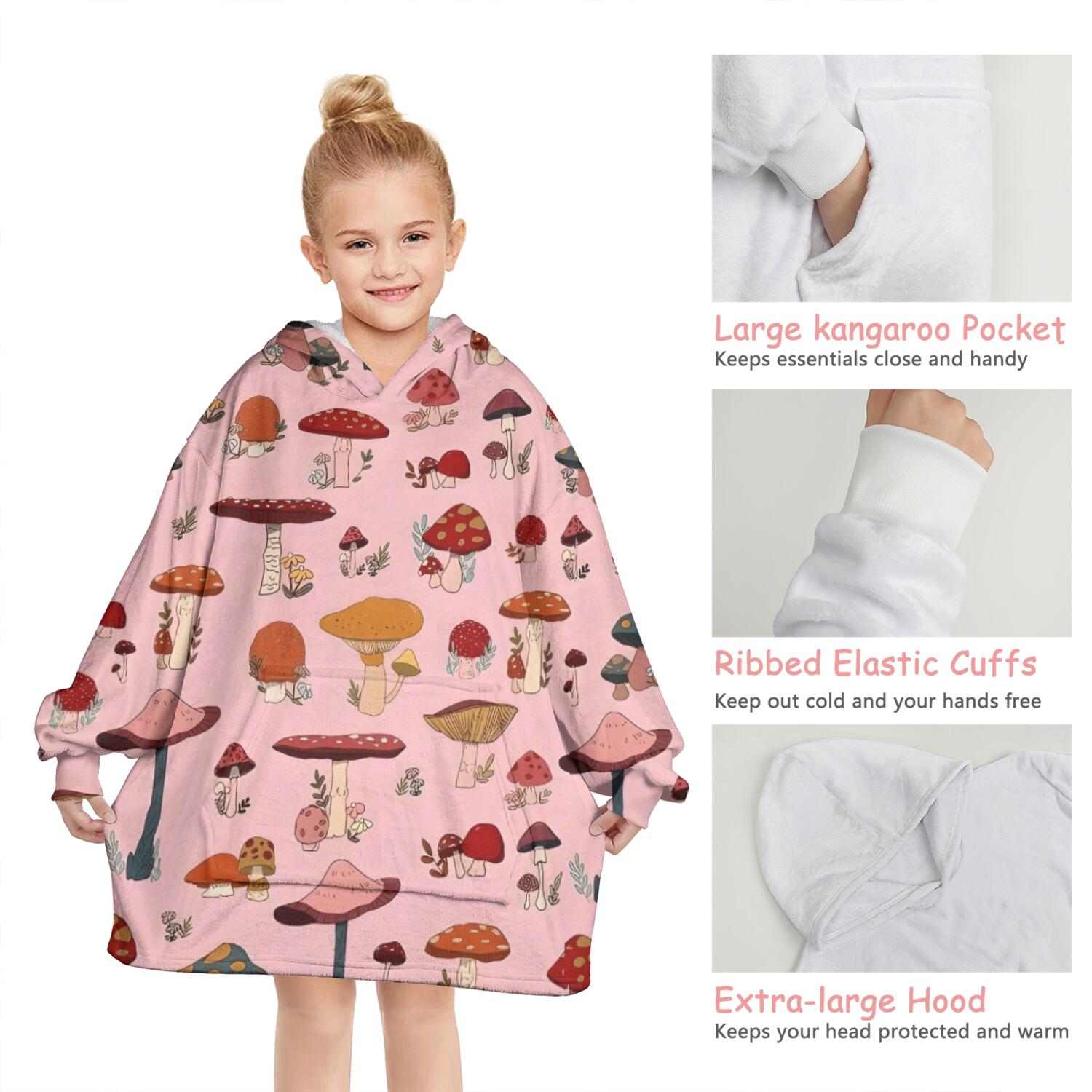 Colorful Mushroom Floral Pink Pattern Blanket Hoodies for Kids 6-13YR Oversize Wearable Blanket Hoodies for Boys Girls Teens