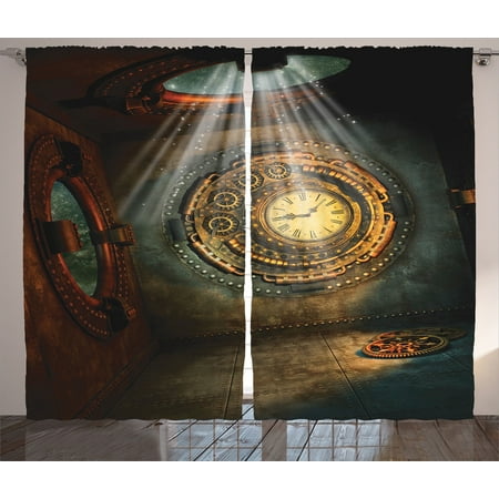 Fantasy 2 Light - Fantasy House Decor Curtains 2 Panels Set, Fantasy Scene With Clock Dream, Sky Lights From The Ceiling, Fiction Art Stars, Living Room Bedroom Accessories, By Ambesonne