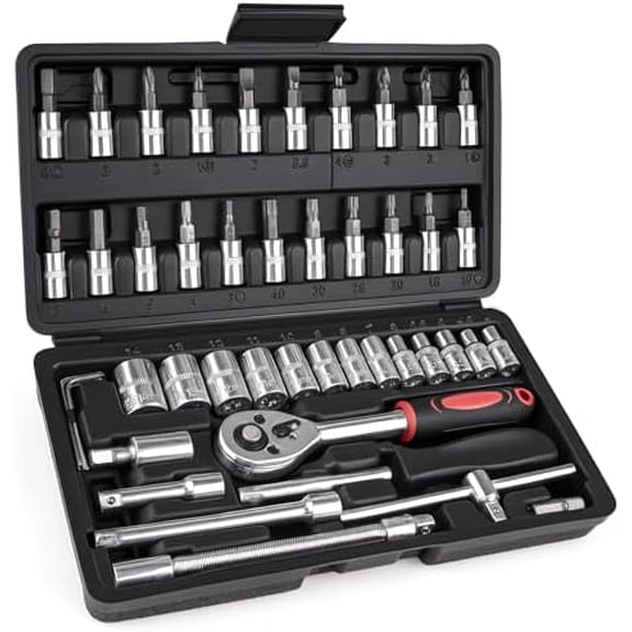 46PCS 1/4 Inches Ratchet Socket Wrench Set, Metric Socket Ratchet Wrenches Set, Ratcheting Wrench Tool Sets for Men, Premium Small Car Tool Kit for Automotive, Household Maintenance and Repairs