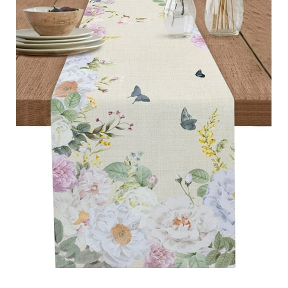 Table Runner Dresser Scarf 13 x 90 Inch Spring Watercolor Butterfly Peony Hand-Painted Linen Table Runners Non-Slip Heat Kitchen Dining Table Decor for Indoor Outdoor Home Party Decoration
