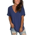 thumbnail image 2 of Women's V Neck T Shirts Casual Rolled Short Sleeve Side Split Summer Tops Loose Fit, 2 of 5