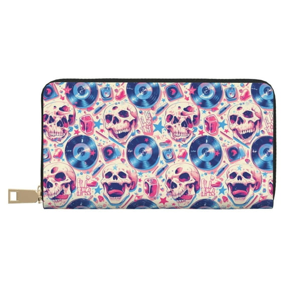Leather Thin Slim Wallets for Women Men - blue record rock Skull Clutch Card Wallet for Women Men with Zipper