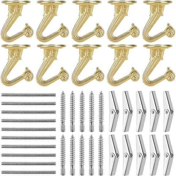 DEWEL 10 Sets Ceiling Hooks - Heavy Duty Metal Swag Hook with Hardware and Toggle Wings for Hanging Plants Ceiling Installation Cavity Wall Fixing (Gold)