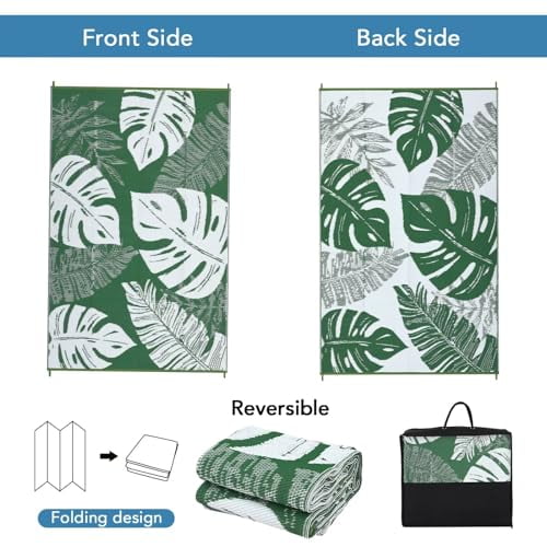 Ataucjin Large Outdoor Rug,8*12ft Waterproof Plastic Straw Rug, Modern Tropics Palm Leaves Camping Rug for Patio, Reversible Mat for Outside Patio RV Porch Deck Balcony