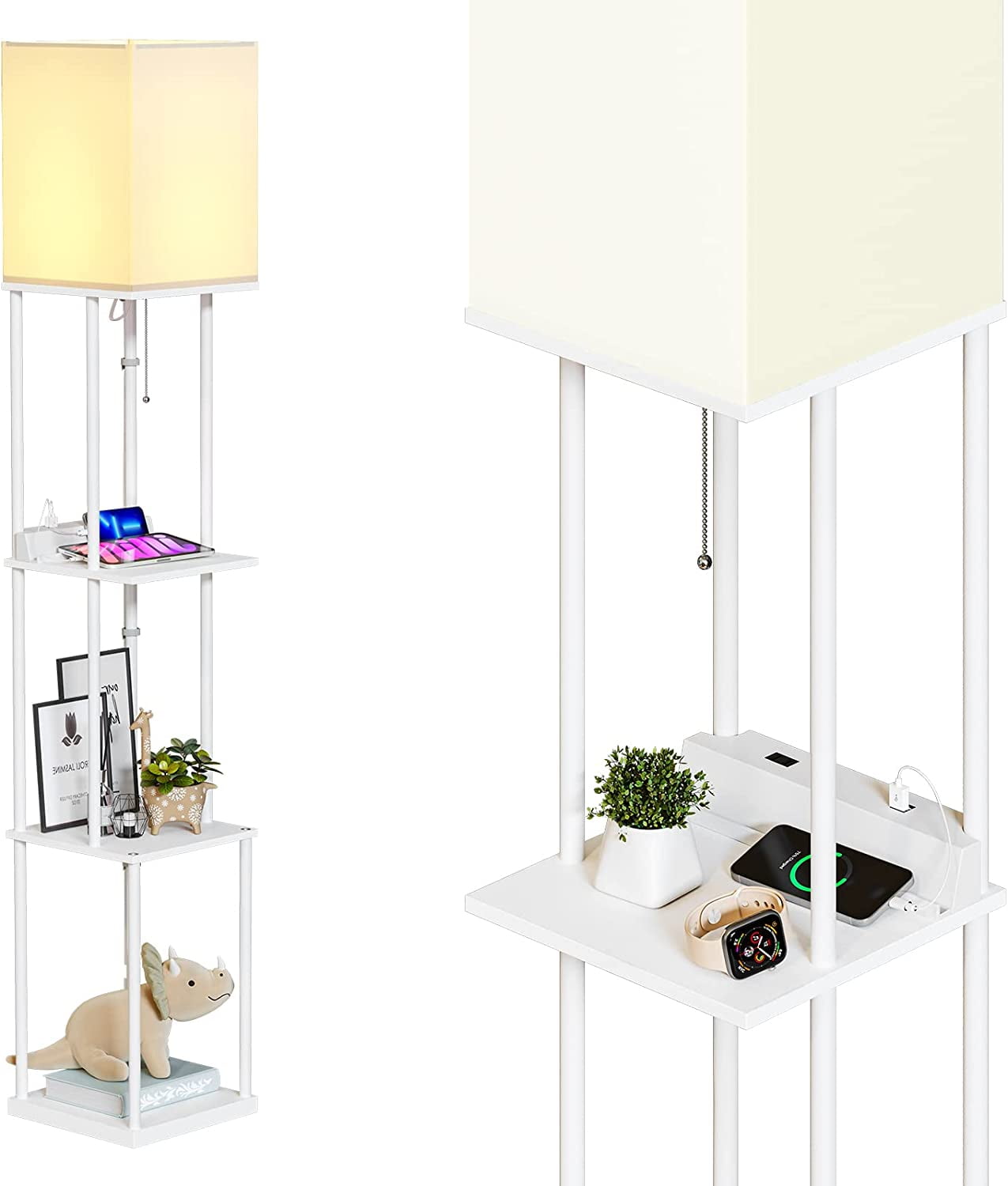 SUNMORY Metal Floor Lamp with Shelves for Living Room, White