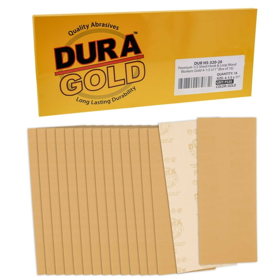 Dura-Gold Premium 1/2 Sheet Gold Sandpaper Sheets, 320 Grit (Box of 16) - Wood Furniture Woodworking - 4.5" x 11" Size Hook & Loop Backing Sheets - for Sanders, Hand Sanding Block Tools, Auto Paint