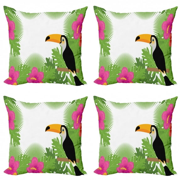 Ambesonne Tropical Throw Pillow Cover 4 Pack, Exotic Plants and Bird, 16", Lime Green Multicolor