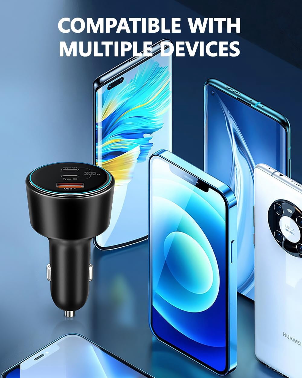 200W Car Charger, USB C Car Charger PD3.0 QC4.0 PPS Fast Charging Car Adapter with 2 100W USB C Cable 3 Port Type C Cigarette Lighter for Dell XPS, MacBook, iPhone 16 15 14, Galaxy S24 Ultra