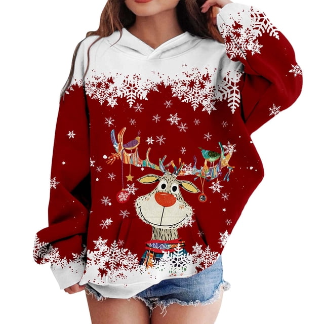 MIASHUI Sweat à Capuche Tête de Cerf Dessin Animé pour Enfants Garçons Filles Manches Longues Décontracté Confort Quotidien Rouge, 2-3 Ans