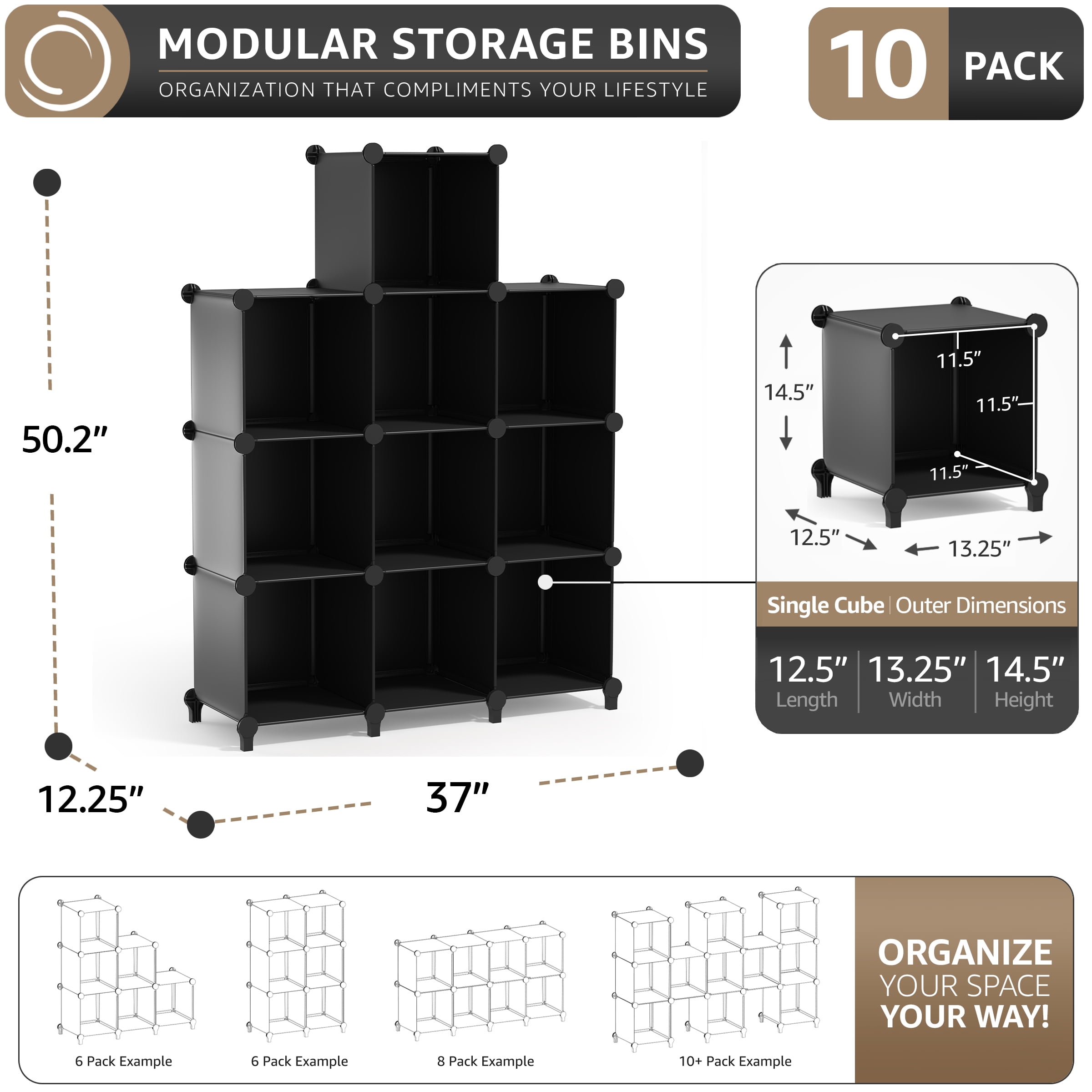 Sorbus 10-Cube Storage Organizer, Waterproof Cubby Shelf for Closet & Bedroom, Black