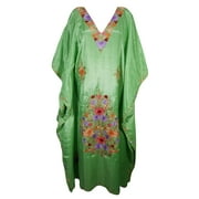 Mogul Indian Kashmiri Caftan Kimono Sleeve Floral Embroidered Green Ethnic Evening Wear Maxi House Dress