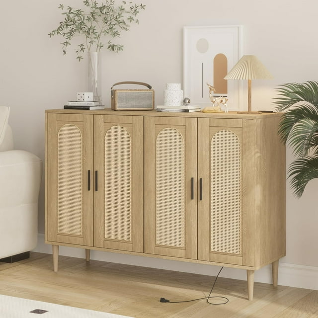 AKDSteel Sideboard Buffet Cabinet, 4 Rattan Doors Accent Storage Cabinet, Console Table Coffee Bar with Power Outlet, Adjustable Shelves for Dining Room, Kitchen, Hallway, Living Room
