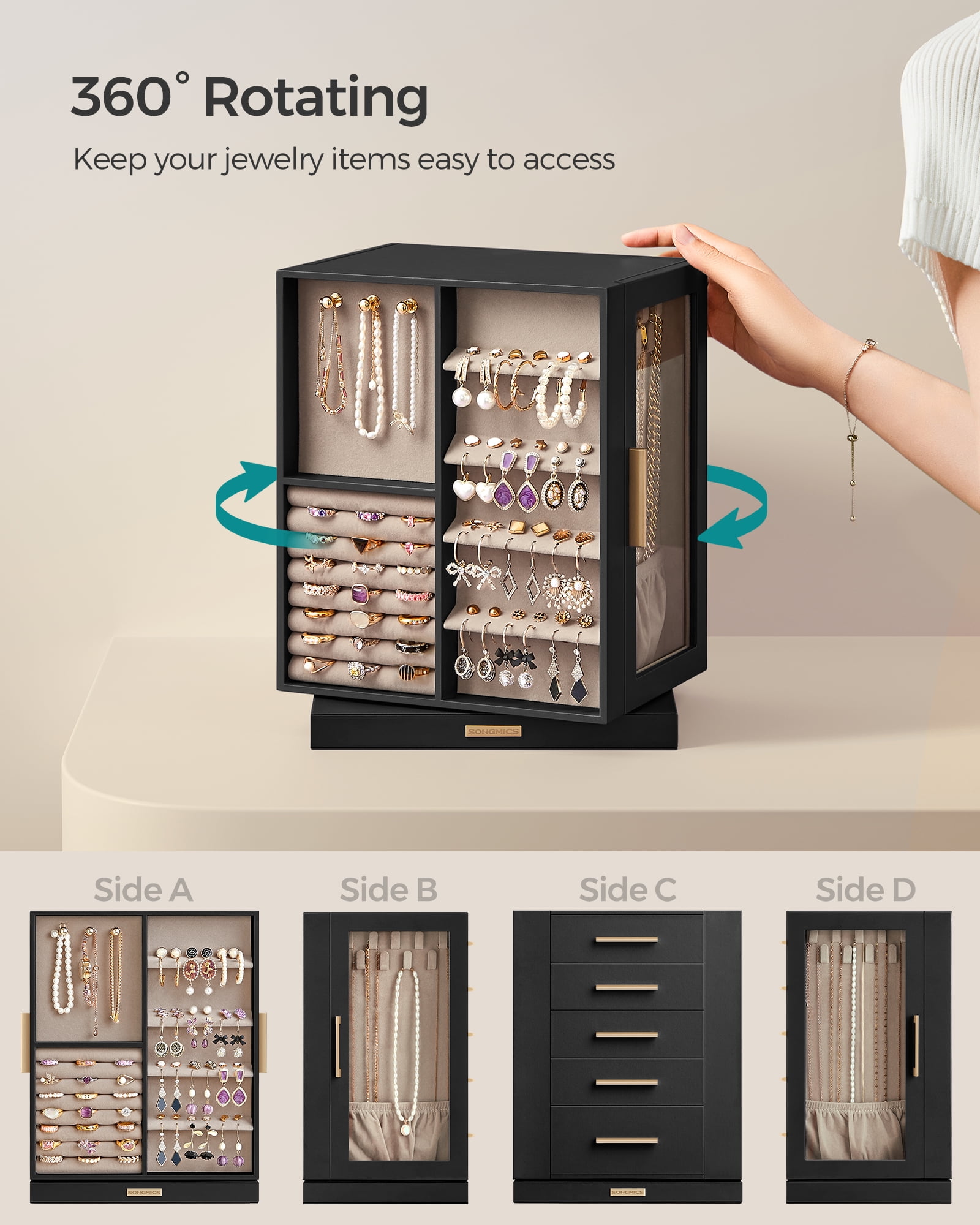 360° Rotating Jewelry Box with Glass Window and 5 Drawers Jewelry Storage Case Organizer , Graphite Black