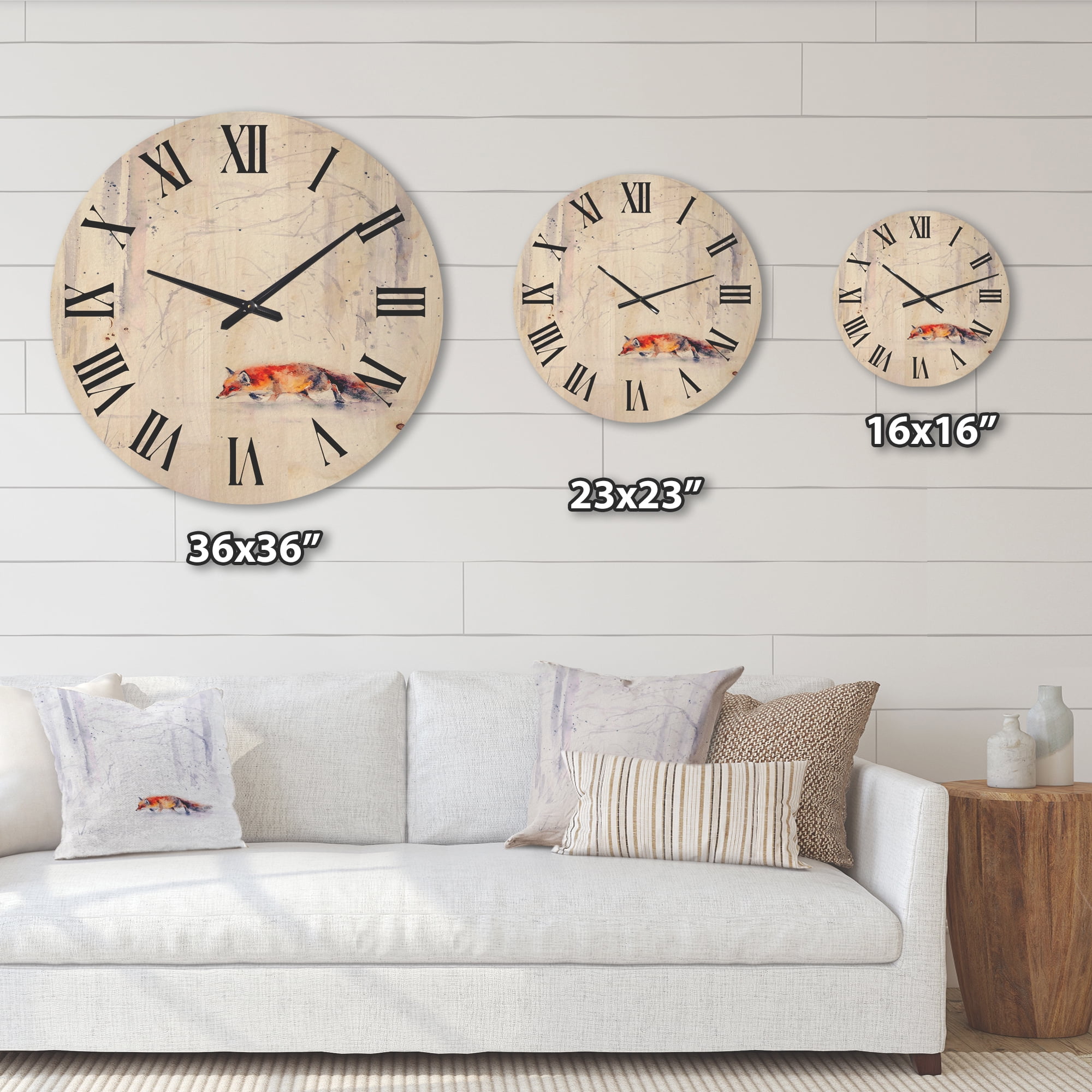 Designart 'Red Fox Running In White Snow in Countryside II' Farmhouse Wood Wall Clock