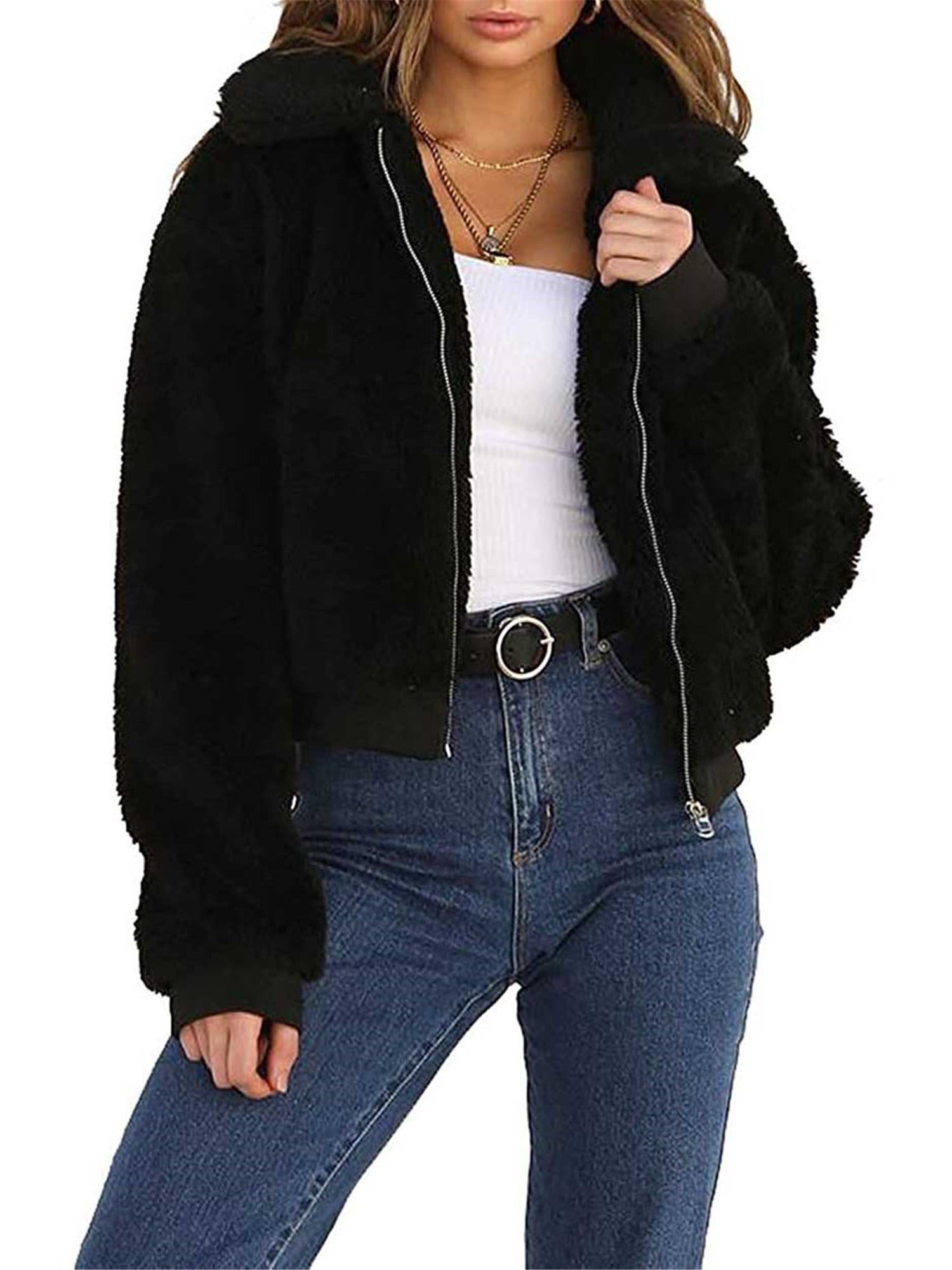 Womens Thick Warm Teddy Bear Shaggy Fleece Jacket Coat Zip Up Outwear ...
