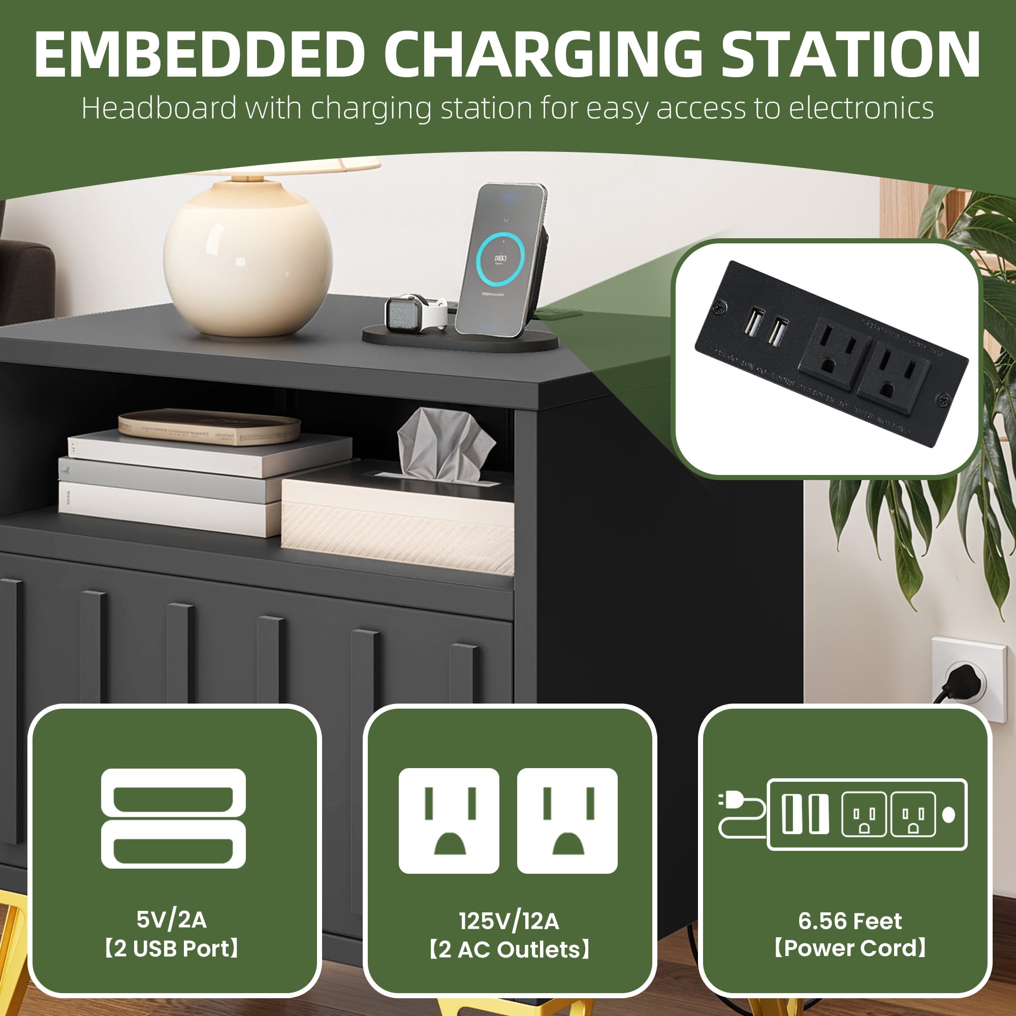 Uforic Metal End Table with Charging Station & Door for Living Room, Black