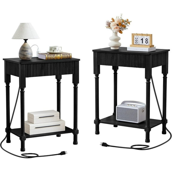 23.6” Large End Table with Charging Station, Set of 2, Modern Farmhouse Side Table Sofa Tables with Fluted Drawer, Wooden Bedside Table Night Stand for Bedroom Living Room Home Office, Black