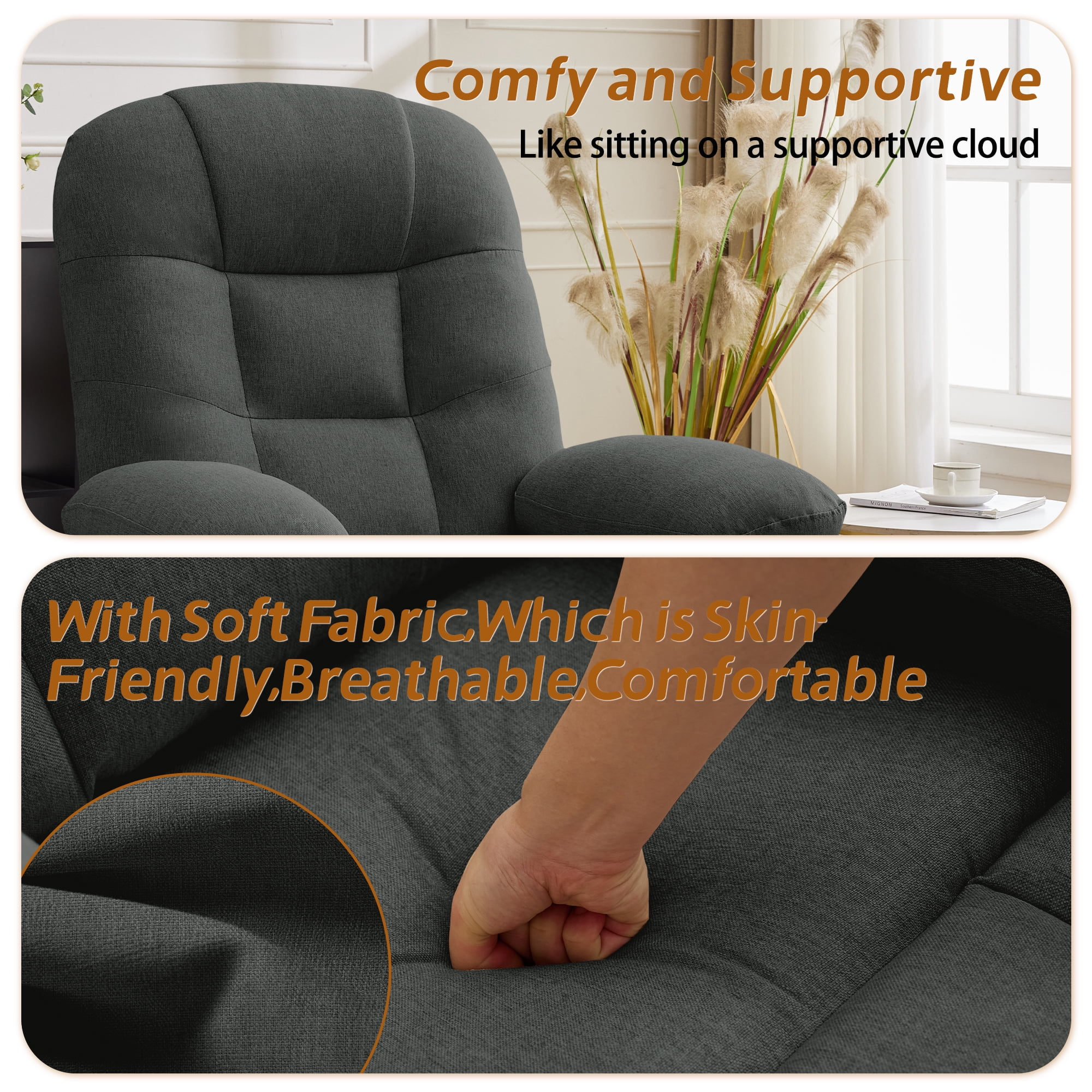 Korser Manual Swivel Rocker Recliner Chair for Living Room,Small Recliner Sofa for Small Spaces,Linen Fabric,Dark Grey