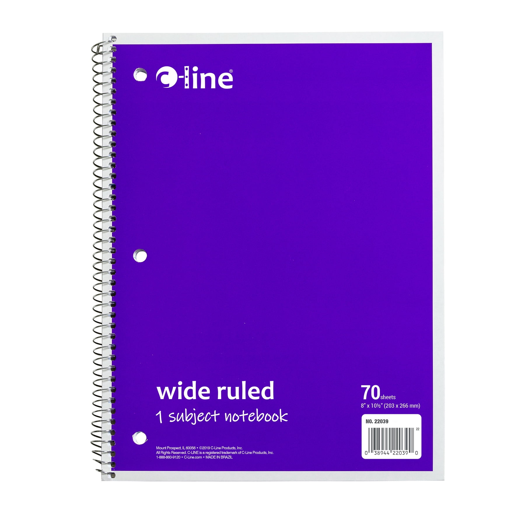 C-Line 1-Subject Notebook, 70 Page, Wide Ruled, Purple, Pack of 12