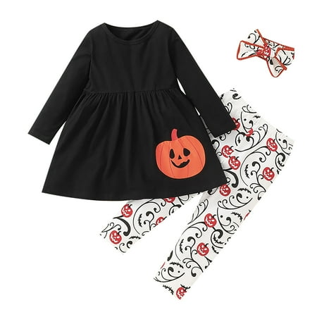 

XIEULQP Baby Girl Clothes Toddler Girls Fall Winter Halloween Pumpkin Print Long Sleeve Wide Hem Top Red White Color Pants with Hairband Halloween Costumes Black