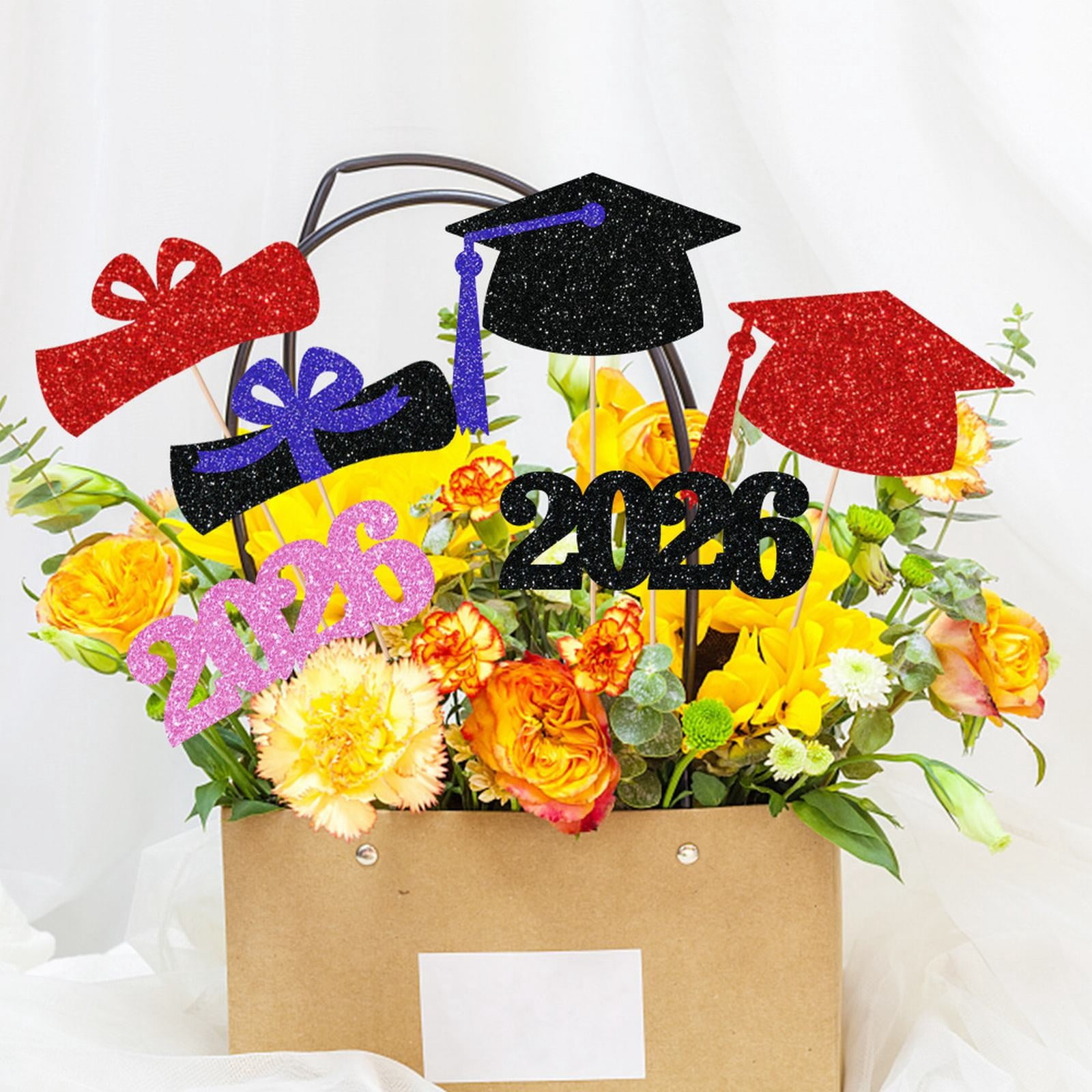 Glitter Graduation Cap Cutout Table Centerpiece Stick Decor for Graduation Party Desktop Vase Layout