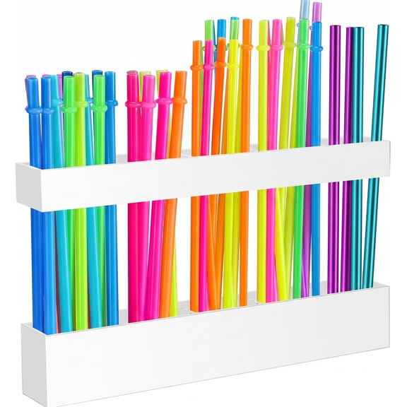 9.5" Acrylic Tumbler Straw Holder for Cabinet Door, White Organizer. Adhesive Storage for Reusable Straws & Kitchen Accessories.