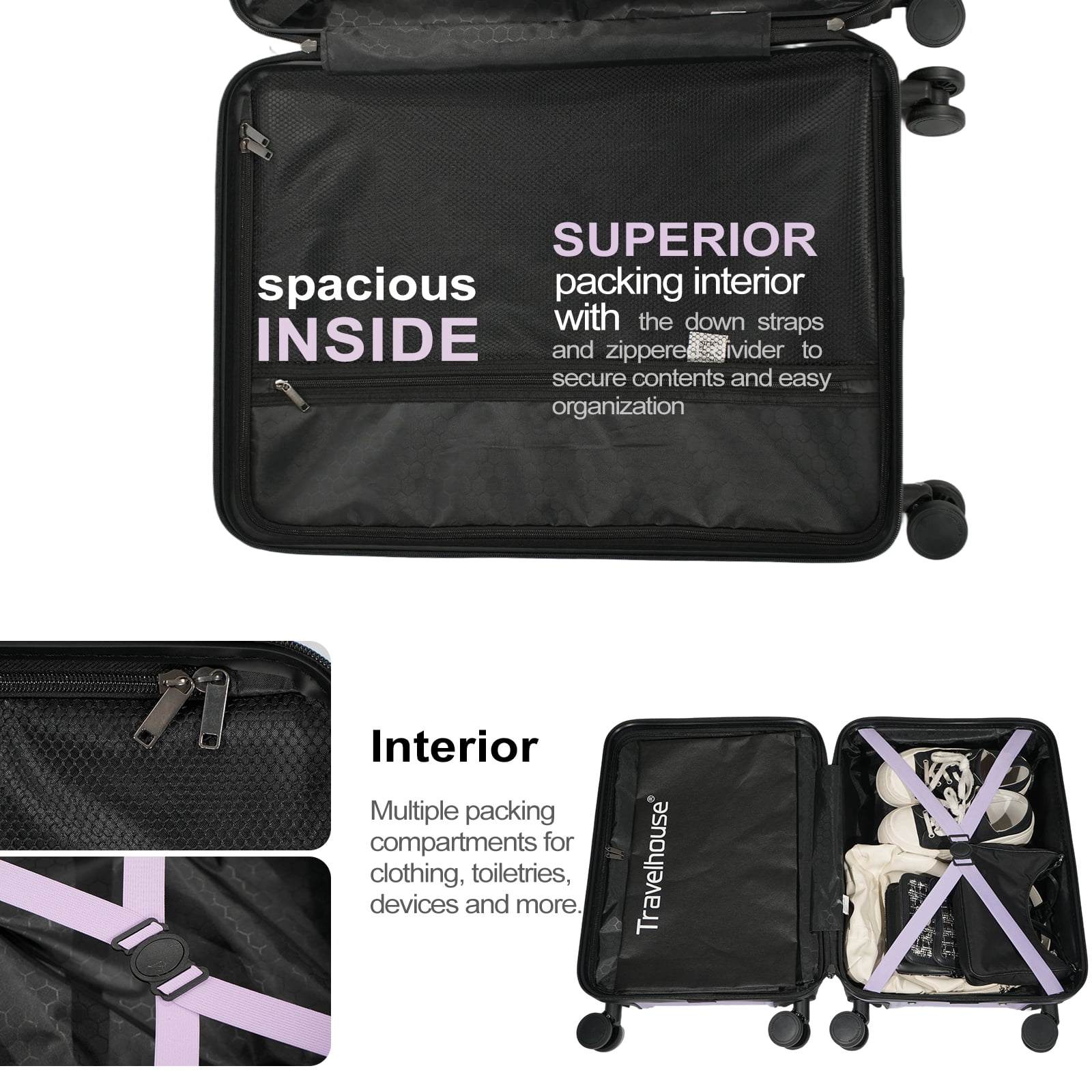 Travelhouse 3 Piece Hardside Luggage Set Hardshell Lightweight Suitcase with TSA Lock Spinner Wheels 20in24in28in.(Light Purple)