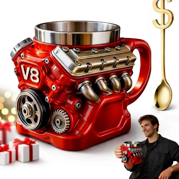 RUPKUL V8 Engine Coffee Mug, Engine Themed Coffee Mug, Retro Mechanical Engine Coffee Cup With Handle, Stainless Steel Insulated Mug For Car Lovers, Mechanics