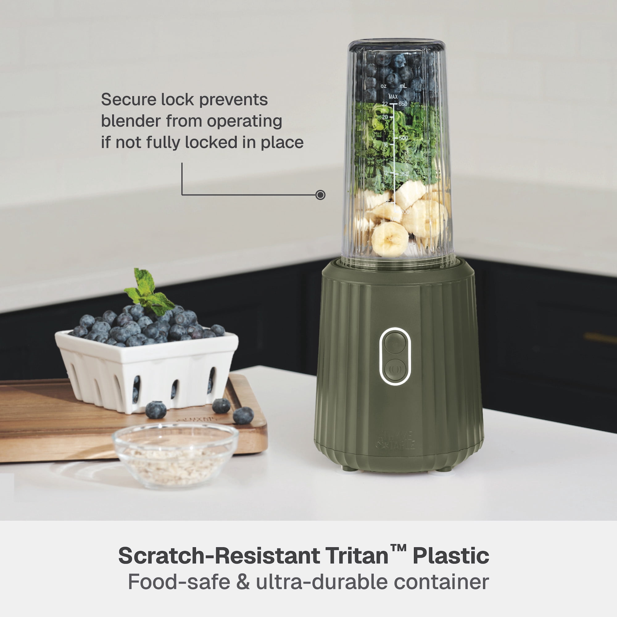 Thyme & Table 900 W 25 oz Single Serve Blender with Tritan Vessel, Smart Seal Lid and Straw, 6-Point Stainless Steel Blade, Dusty Moss