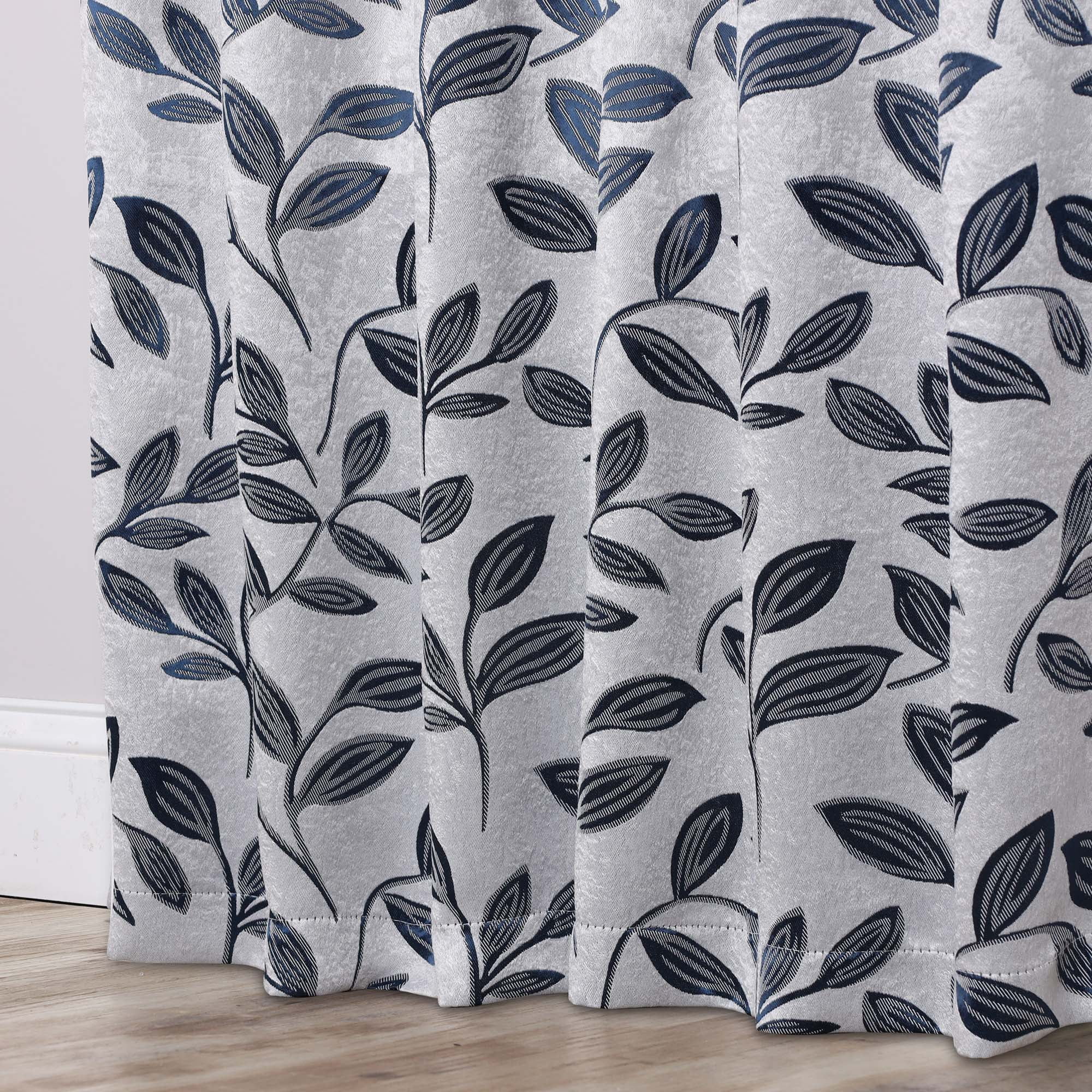 Superior Blackout Leaves Curtains Set of 2, Light Filtering Rod Pocket Curtain Panel Set, White-Navy Blue, 26"W x 63"L