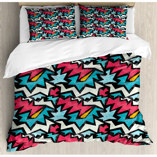 Urban Graffiti King Size Duvet Cover Set, ChevronLike Bold Framed