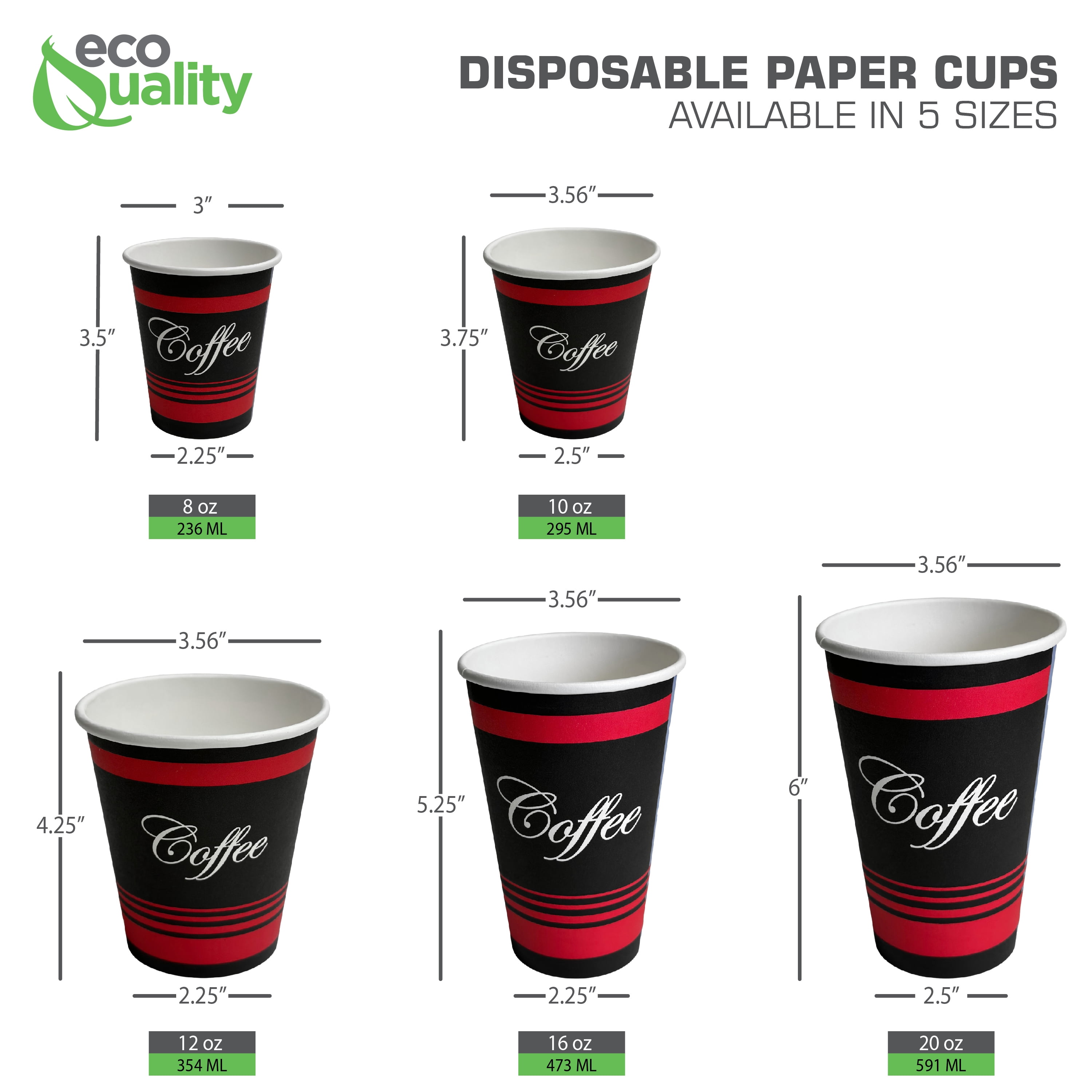 ECODESIGN-US 16 Ounce Disposable Paper Coffee Hot Cups with Black Lids - 50 Sets - Coffee Latte Macchiato to Go Large Portion