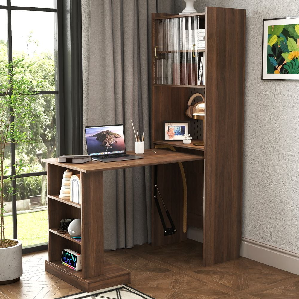 LUMAMIN Fold-Out Writing Table, Convertible Folding Desk, Foldable Computer Desk with Storage Shelves, Sliding Glass Doors & Pegboard Hooks for Home Office, Bedroom, Walnut