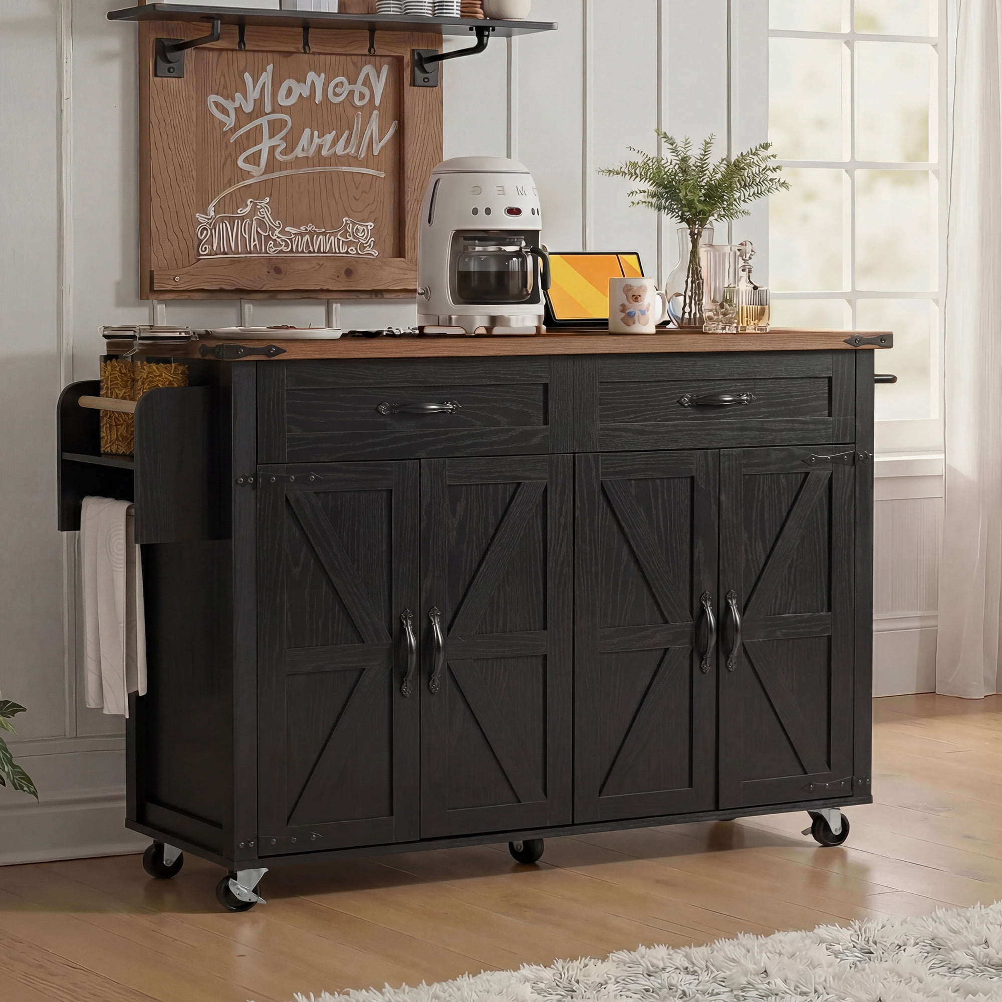 Mintazer 53.5" Kitchen Island Cart with Drop Leaf & Power Outlet and Adjustable Shelves, Rolling Farmhouse Kitchen Island Table with 2 Drawers, 4 Barn Doors, Spice Rack & Towel Bar, Black