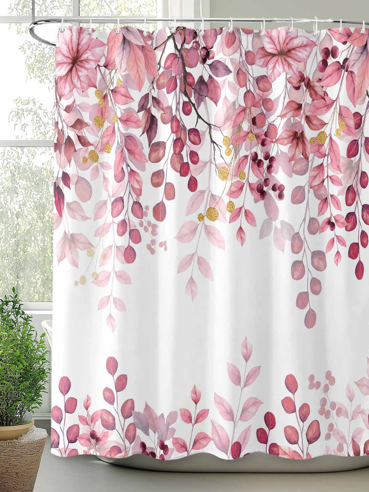 Pink Eucalyptus Bathroom Curtain 72 Inch Shower Curtain with Hooks, Gold Branches Vintage Flower Plant Waterproof Polyester Bath Curtain Washable Bathtub Curtain 66''x 72''