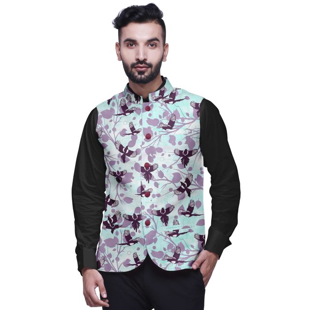 Atasi Veste Décontractée pour Hommes Imprimée Veste de Mariage Indienne Blazer Mandarin-Moyen