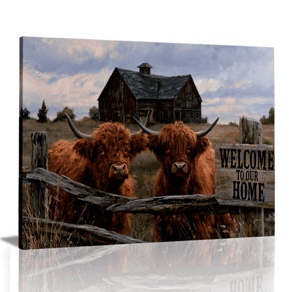 Topbout Art Welcome to Our Home Highland Cow Canvas Wall Art, Rustic Red Barn Farmhouse Country Picture for Entryway Living Room 12*8 inch