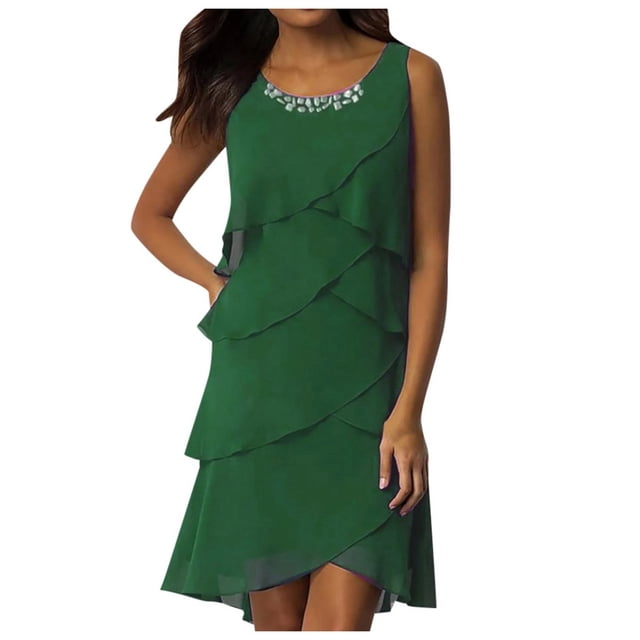 Youmylove Robes d'Été Décontractées pour Femmes Robe Formelle Élégante pour Femmes Robe de Cocktail Sans Manches en Chiffon à Volants Robe de Plage Vacances Robe de Soleil