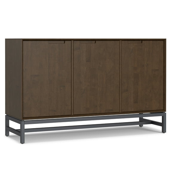 Simpli Home Banting SOLID HARDWOOD and Metal 58 inch x 18 inch Rectangle Modern Industrial 3 Door Sideboard Buffet in Walnut Brown