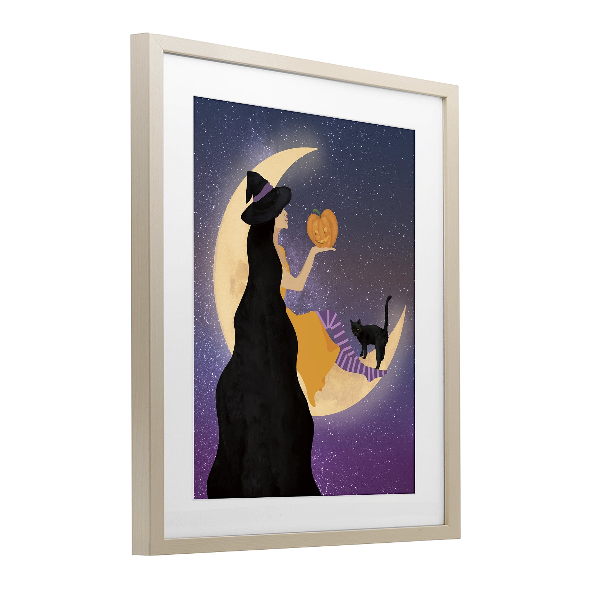 Stupell Industries Moonlit Witch Holding Jack-o-Lantern Birch Framed Print Under Glass, design by Daniela Santiago