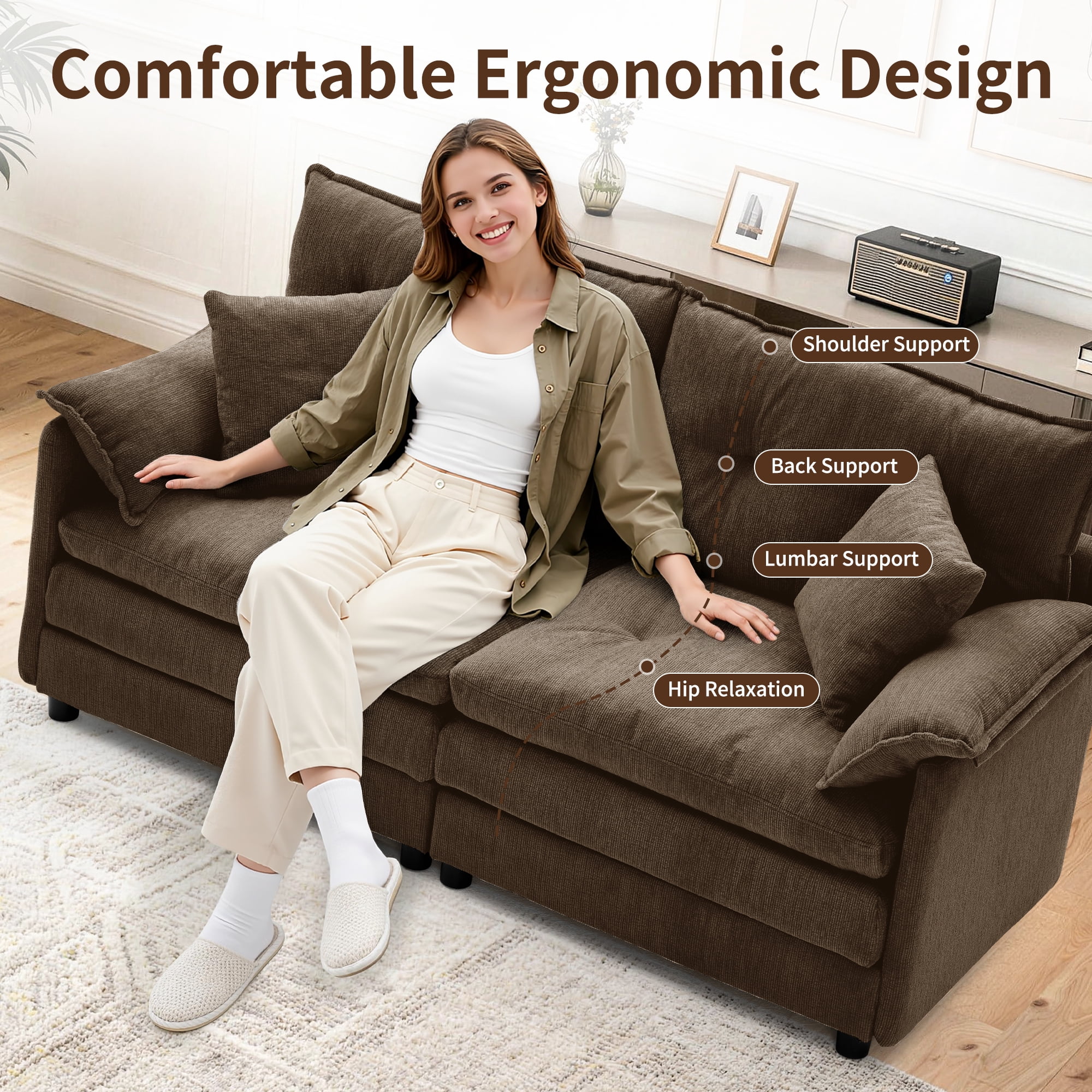 Korser Loveseat Sofa with Deep Seat Cloud Couch with 2 Pillows,Chenille 2-Seater Sofa Small Couch for Living Room,Assembly Required,Brown