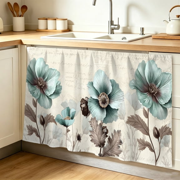 Blue Green Floral Cabinet Curtain 32"Wx55"L,Dustproof Pantry Door Curtain with Self Adhesive Tape,Spring Summer Mallow Flowers Retro Tall Storage Cover Privacy Drape for Bathroom Kitchen Laundry Room