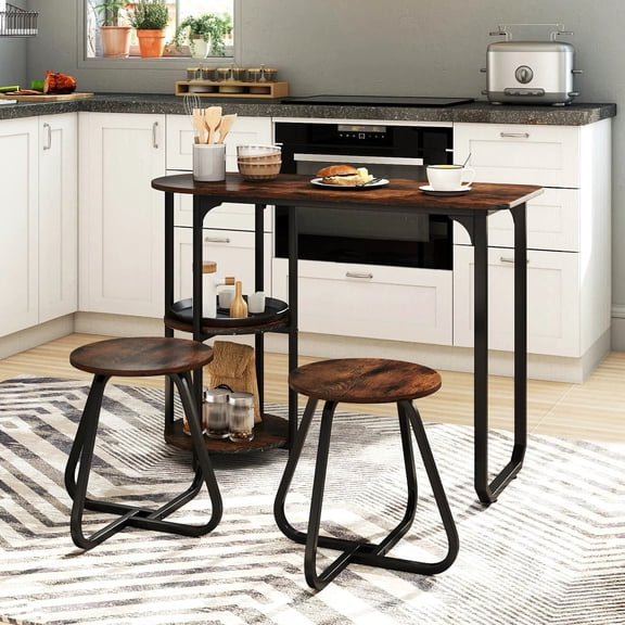 Harmijoy 3PCS Dining Table Set, Wooden Metal Kitchen Table & 2 Stools w/Storage Shelves