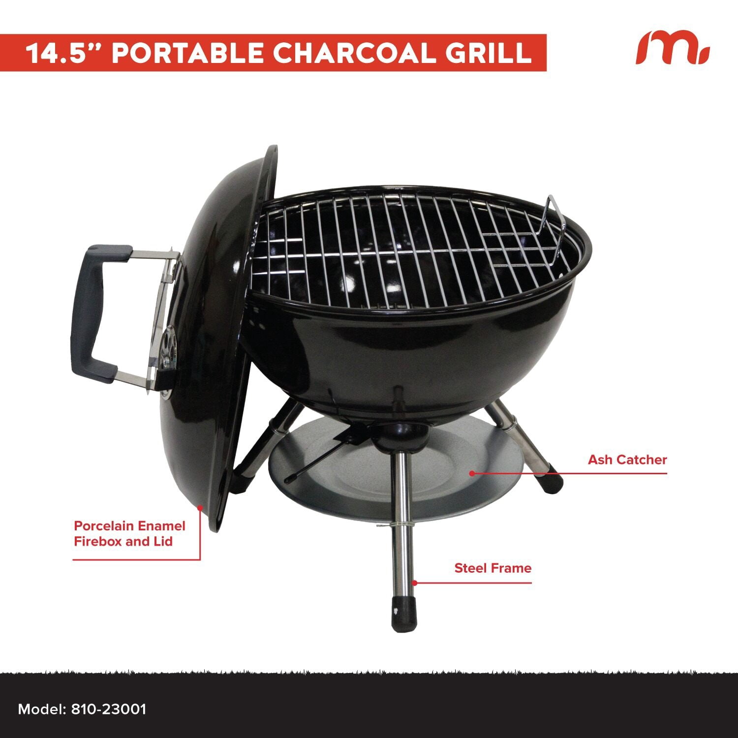 Megamaster – 14.5" Portable Charcoal Barbecue Grill with Adjustable Air Vent, 141 SQ. In Cooking Area, Table Top Grill for Camping, Outdoor Cooking, Patios, and More - 810-23001