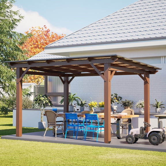 13.1' x 7.7' Pergola, Outdoor Wood Gazebo, Hardtop Gazebo with Galvanized Steel Roof, Permanent Grill Gazebo, Carports with Snow Support, Shade for Garden, Patio backyard Deck